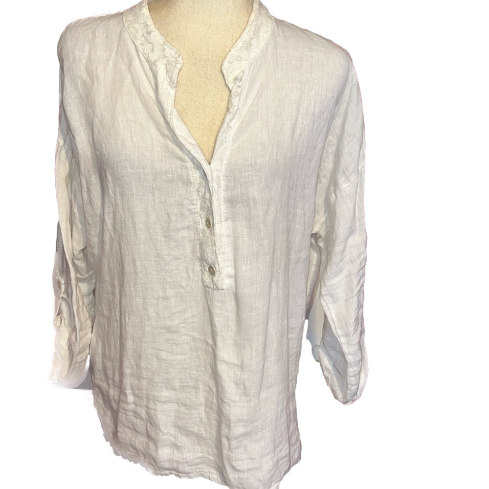 Viola Borghi Made in Italy White Linen Blouse Ling Sleeve Large